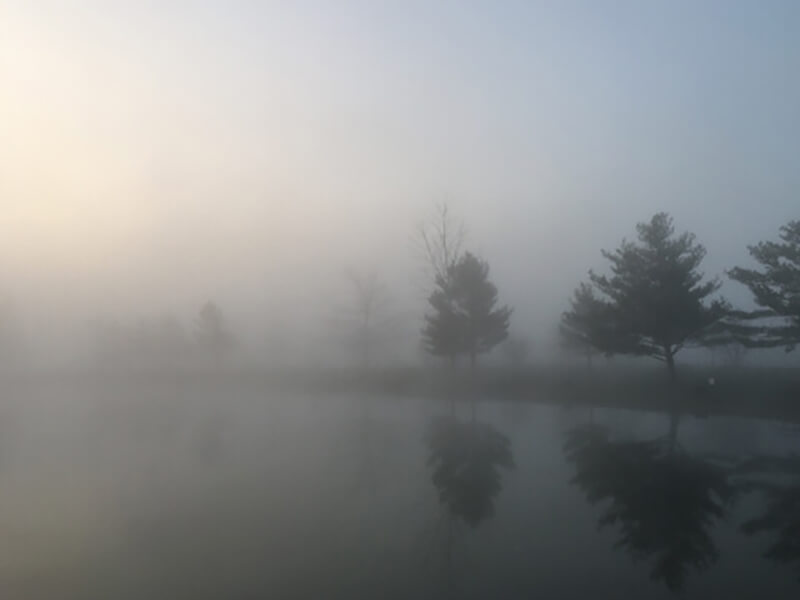 A reflection image of a lake during fog